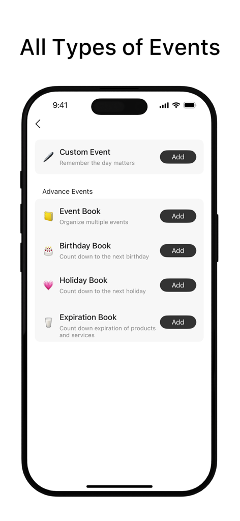 Interface of the Day Counter widget app showing a menu to add custom events, birthday books, holiday books, and expiration trackers.