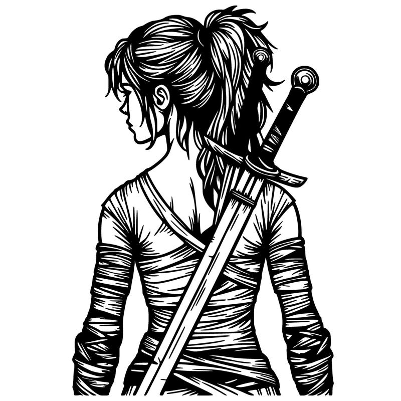 very realistic warrior girl with swords behind her back face showing