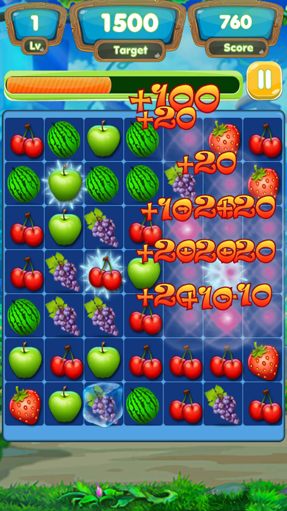 Fruits Legend - A colorful match-3 puzzle gameplay screen from Fruits Legend featuring various fruit icons and score counters.