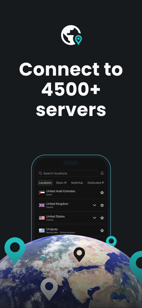 Surfshark VPN App-Oberfläche, die eine Liste globaler Serverstandorte anzeigt, einschließlich USA und UK