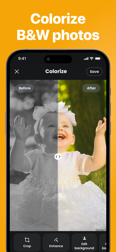 Remaxi: Unblur & Repair Photo - Before and after comparison of a black and white baby photo being colorized with Remaxi app