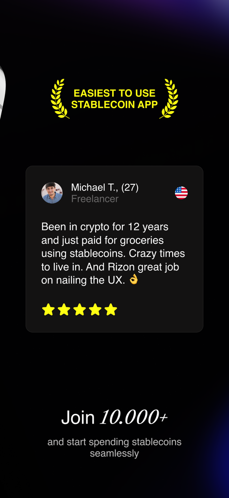 RIZON: Stablecoin Finance - A five star user testimonial for RIZON describing it as the easiest to use stablecoin app for spending crypto globally