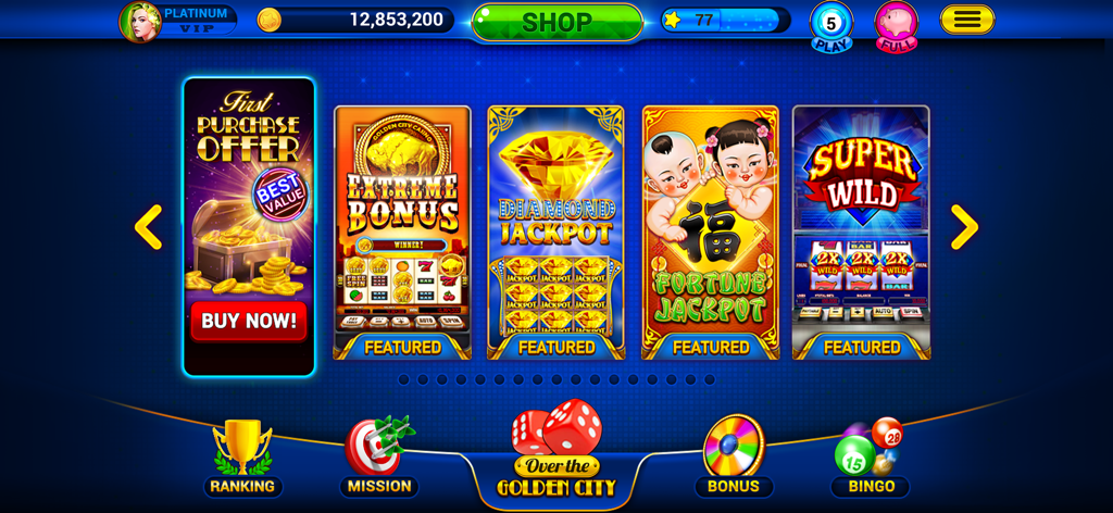 Golden City Casino - Main lobby of Golden City Casino app showcasing featured slot machines and player ranking.