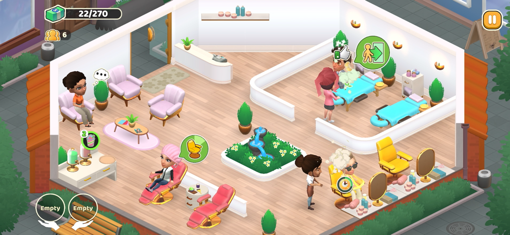 Serenity's Spa: Beauty Salon - Gameplay von Serenity's Spa, das Kunden zeigt, die an verschiedenen Salonstationen wie Massage und Haarstyling bedient werden.