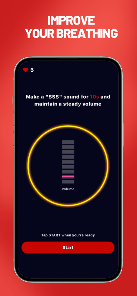 Interfaz de ejercicio de respiración vocal en la aplicación StarMaker Lite mostrando instrucciones para mantener un volumen constante durante diez segundos.