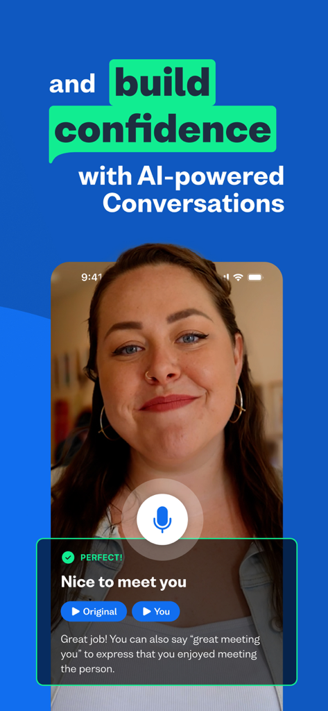 L'interface de l'application Busuu présente un exercice de conversation basé sur l'IA pour l'apprentissage des langues.