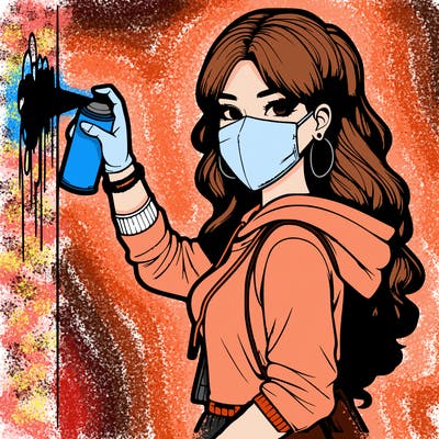 realistic girl with mask spray painting a wall