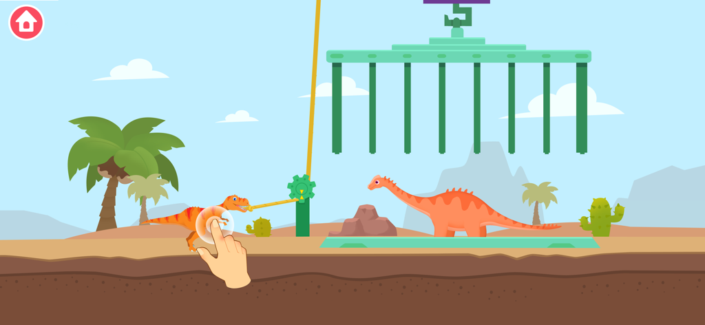 砂漠の風景の中で、ロープを引いて別の恐竜を救出する漫画風のTレックス。