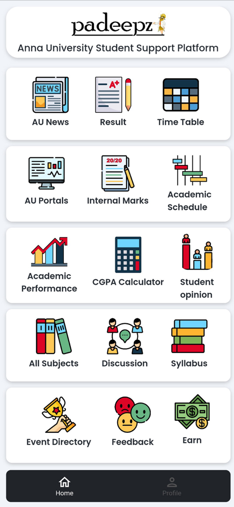 Padeepz - Anna University App - Dashboard of Padeepz app for Anna University students showing academic tools like CGPA calculator and results