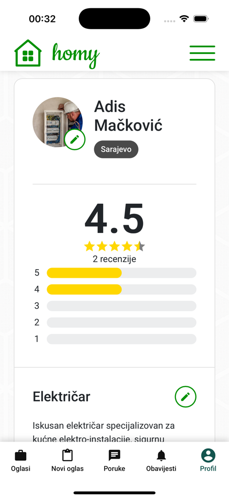 Homy.ba - Professional profile of an electrician on the Homy.ba mobile app with user ratings
