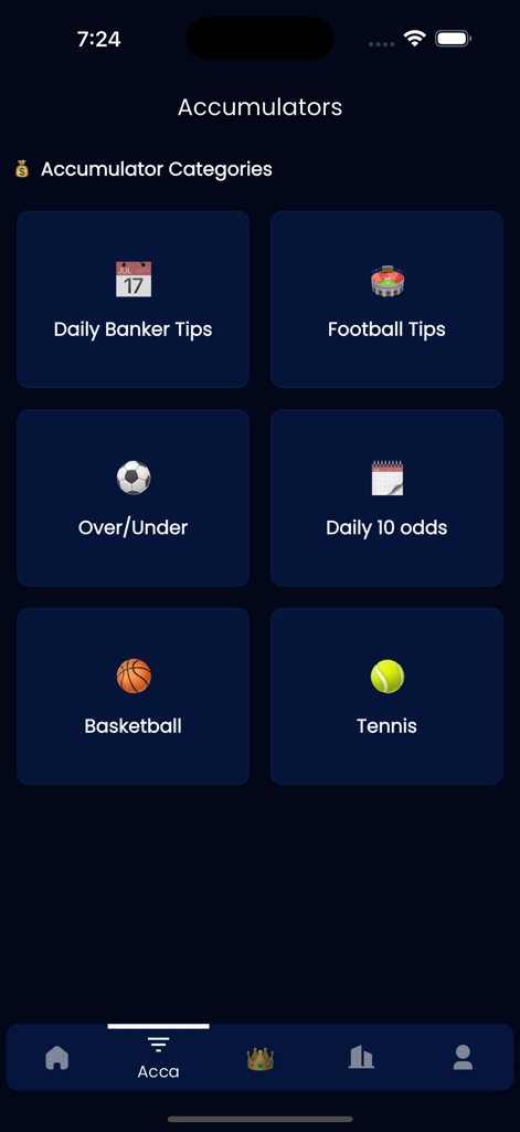 Apex Tips - Apex Tips app interface displaying various betting accumulator categories for football, basketball, and tennis.