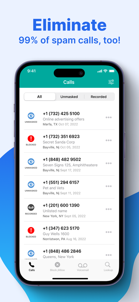 TrapCall app call log interface displaying unmasked, blocked, and recorded phone calls with details like name and location.