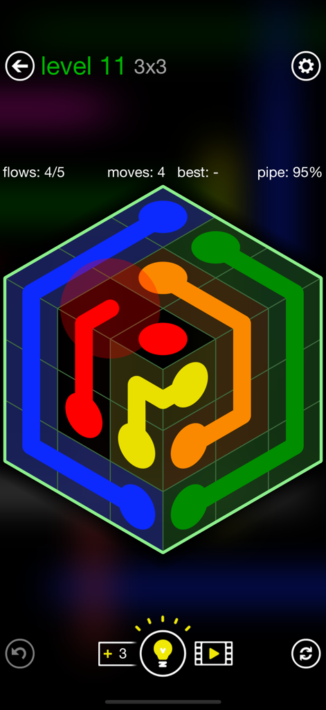 Gameplay screenshot of Flow Free Shapes featuring colorful pipes connecting dots on a hexagonal grid