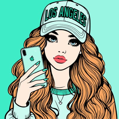 realistic beautiful girl wearing los ángeles cap holding an iphone