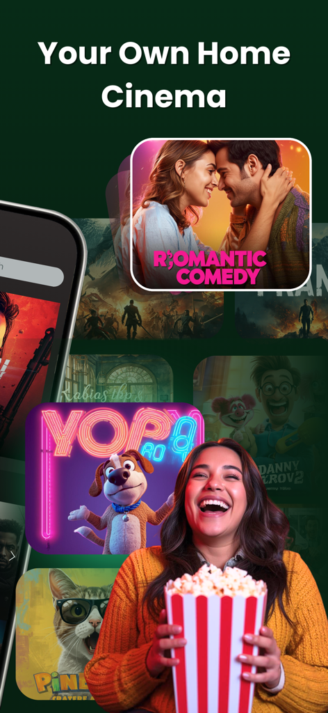 MovieBox - TV Shows and Movie - Una joven feliz sosteniendo un cubo de palomitas de maíz con varios pósteres de películas y series de televisión al fondo