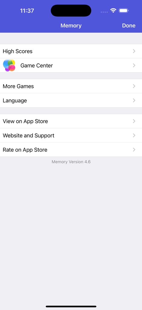 Memory Game Retro Puzzle - The settings and options menu of the Memory Game Retro Puzzle app showing Game Center and high scores