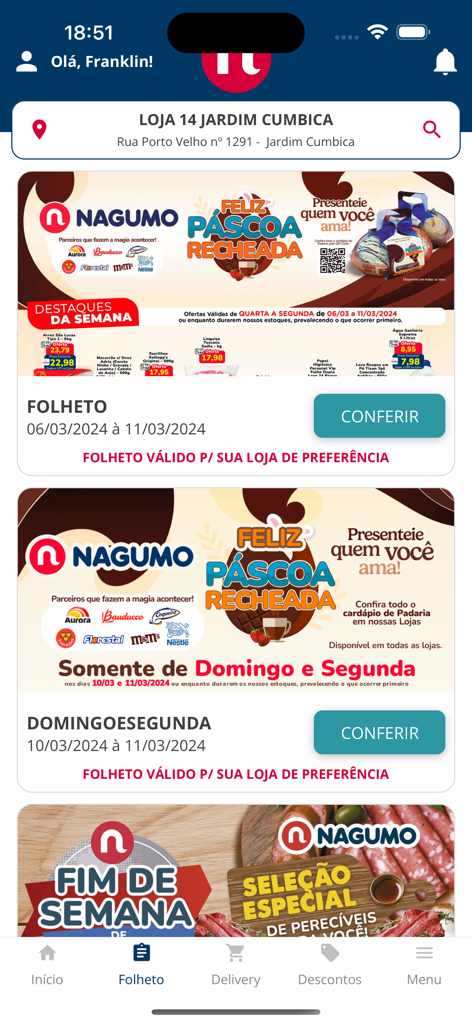 Meu Nagumo - App de supermercado Meu Nagumo mostrando ofertas semanais e folhetos promocionais.