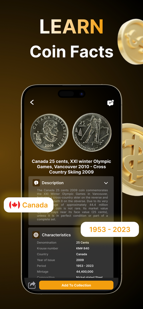Coin Identifier: Scanner Value - La aplicación Identificador de Monedas mostrando información y datos sobre una moneda canadiense coleccionable