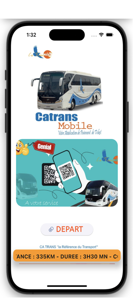 Catrans Mobile - Catrans Mobile app home screen for online bus ticket booking featuring a coach bus and QR code.