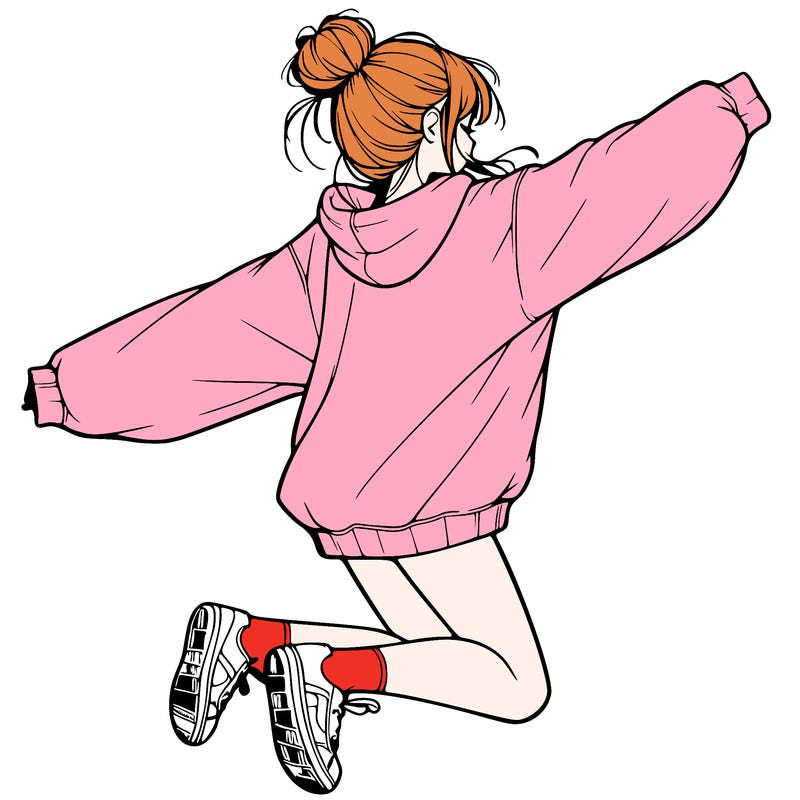 realistic girl jumping with a bun and oversized sweatshirt