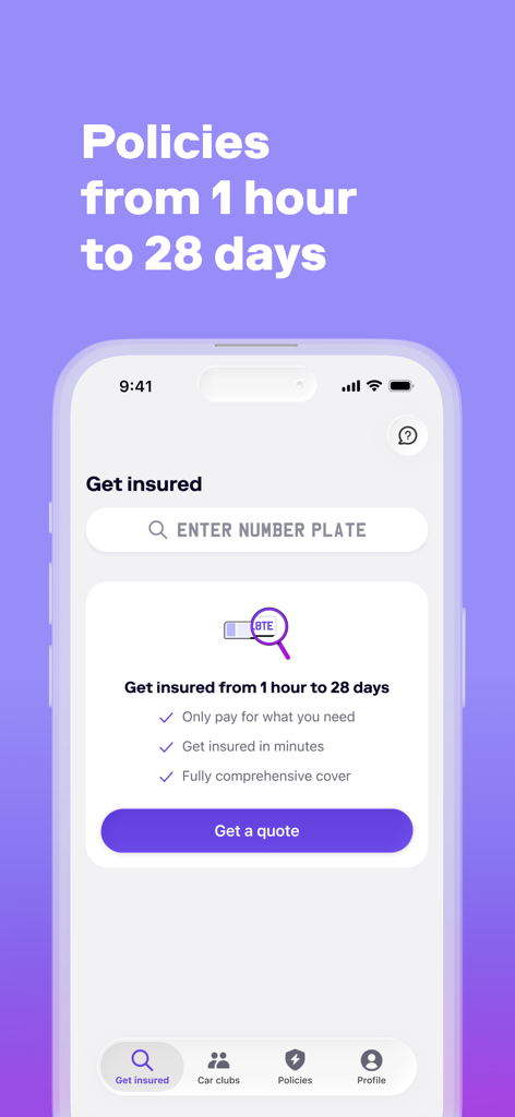 Cuvva mobile app interface showing options for temporary car insurance policies from 1 hour to 28 days with a number plate entry field and a get a quote button.
