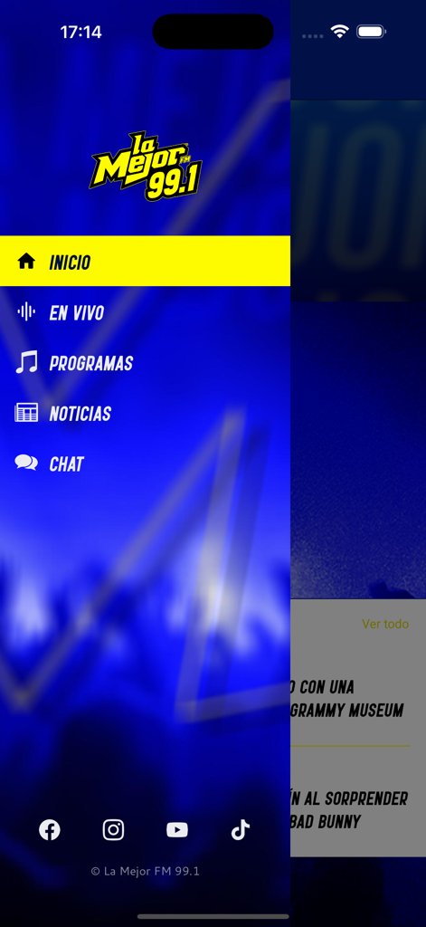 La Mejor FM 99.1 - Menu de navegação do aplicativo de rádio La Mejor FM 99.1 mostrando seções de notícias e programas de transmissão ao vivo.