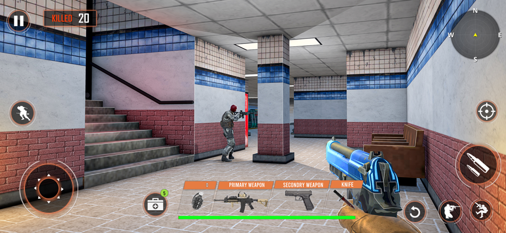 FPS Gun Shooting Game 2024 - Perspectiva en primera persona de un juego de disparos ambientado en una estación de metro con armas futuristas