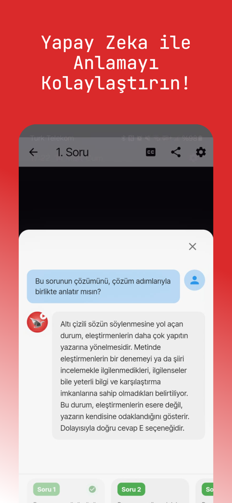 Limit Cepte - Limit Cepte app interface showing a chat with an AI assistant providing step by step solutions for exam questions in Turkish