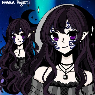 anime female vampire, crescent moon tattoo on forehead, long light hair