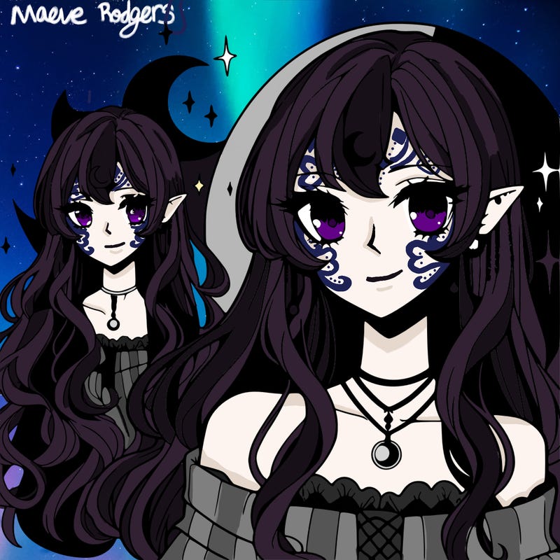 anime female vampire, crescent moon tattoo on forehead, long light hair
