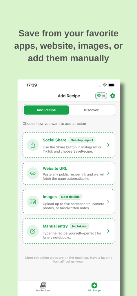 Save-Recipe: Online Cookbook - Bildschirm, der Optionen zum Hinzufügen von Rezepten von Social-Media-Websites oder zur manuellen Eingabe zeigt