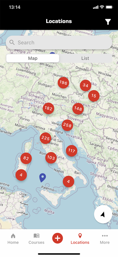 A map interface in the MySSI app showing clusters of scuba diving locations across Europe