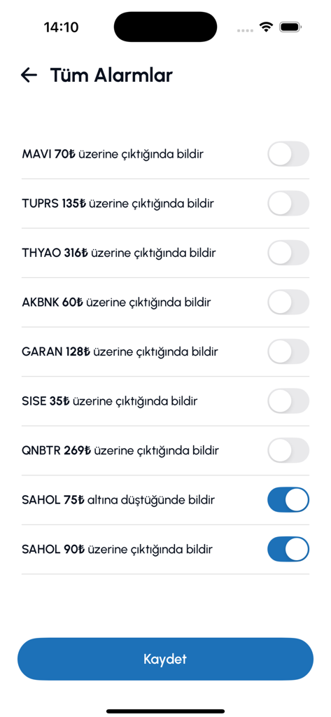 Une interface mobile pour la gestion des notifications et alertes de cours des actions sur l'application MT Trade.