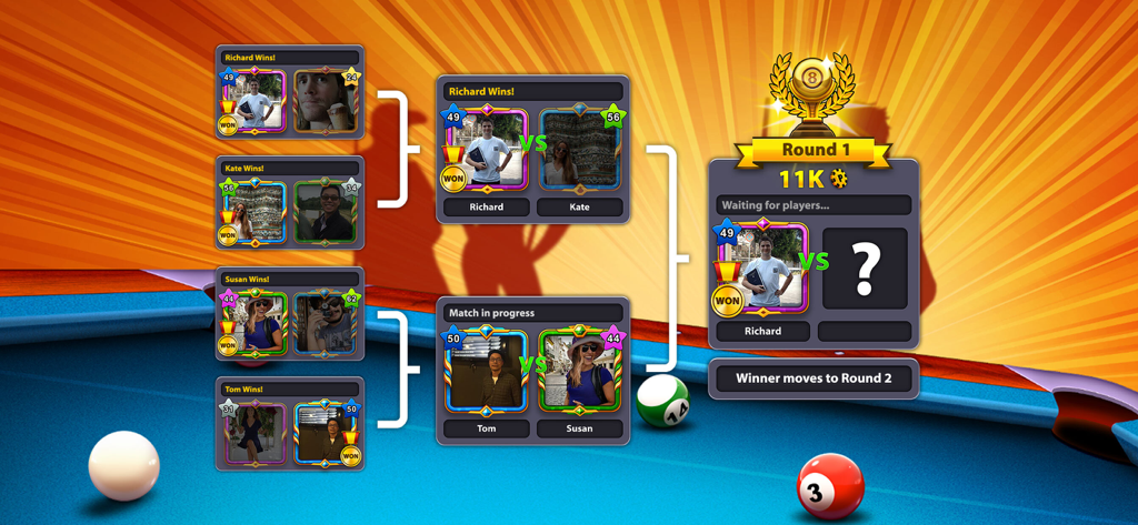 Captura de pantalla del juego móvil 8 Ball Pool que muestra un cuadro de torneo con perfiles de jugadores y resultados de partidas.