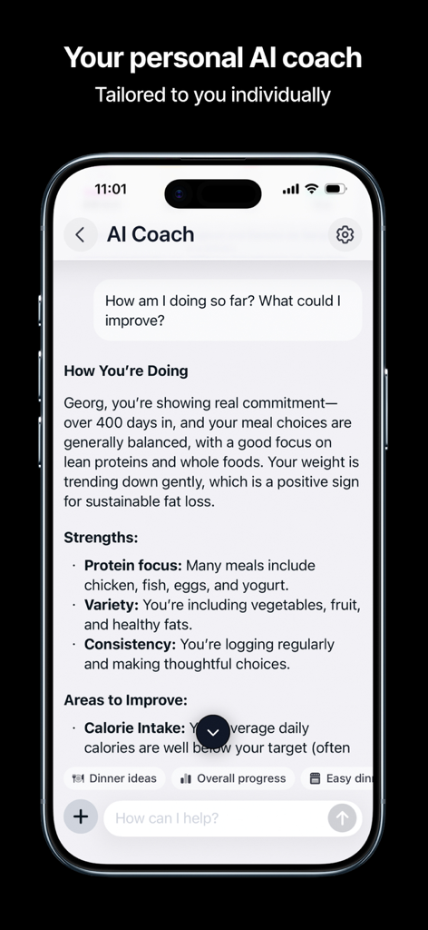 Calorie Tracker - CalorieCam - Chat del coach IA di CalorieCam che mostra feedback nutrizionali personalizzati e analisi dei progressi.
