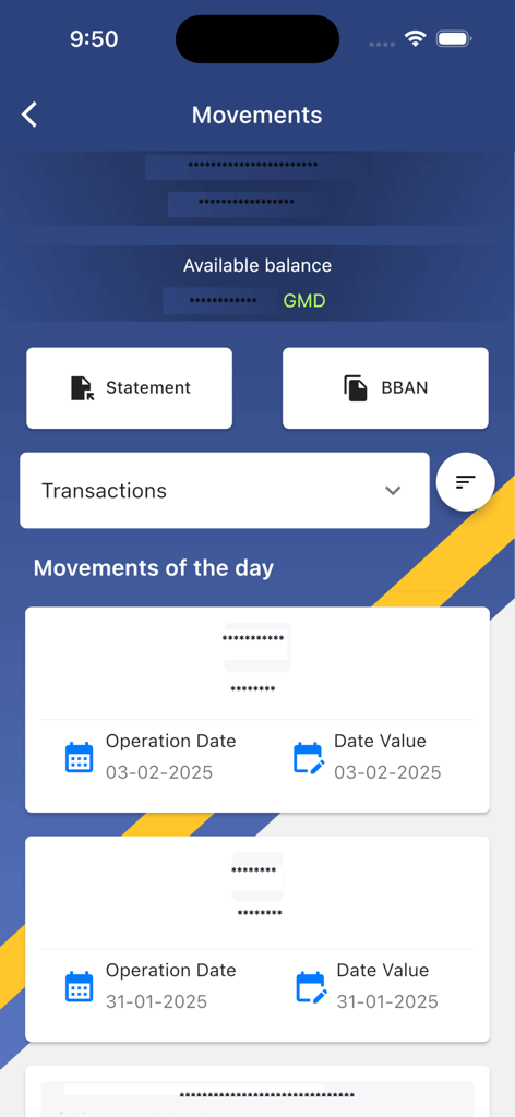 TrustBank PLC - TrustBank PLC mobile app movements screen showing recent transactions and account balance
