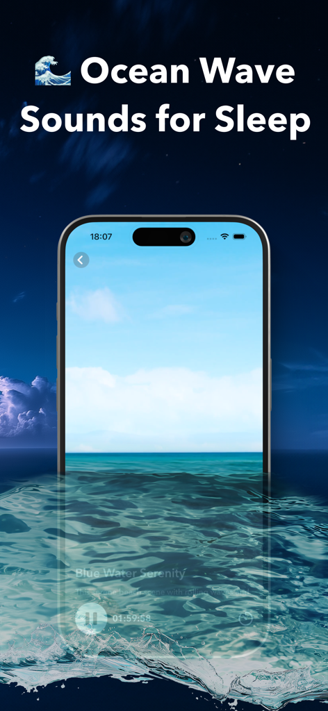 Thunderstorm Sleep Sounds - Smartphone displaying a blue water serenity visual soundscape from the Nook sleep app over a dark ocean background