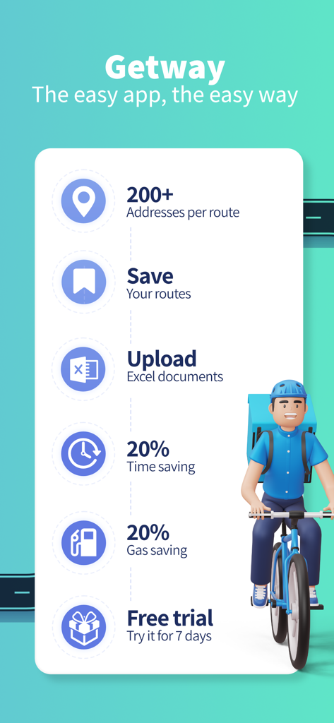 Route Planner - GetWay‎ - Infográfico mostrando os recursos do Route Planner GetWay, incluindo 200 endereços por rota, upload do Excel e economia de 20% de tempo e combustível.