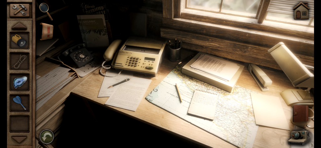 Aurora Hills: Chapter 1 - A detailed 1980s park ranger desk with a map rotary phone and investigation papers in a wooden cabin