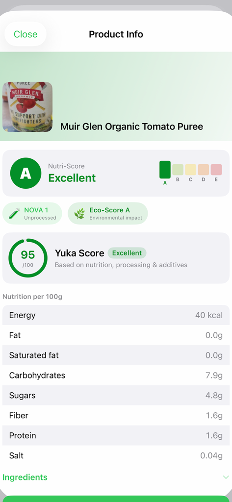 Grocery/ShoppingList - Product information screen showing Nutri-Score and health ratings for an organic food item