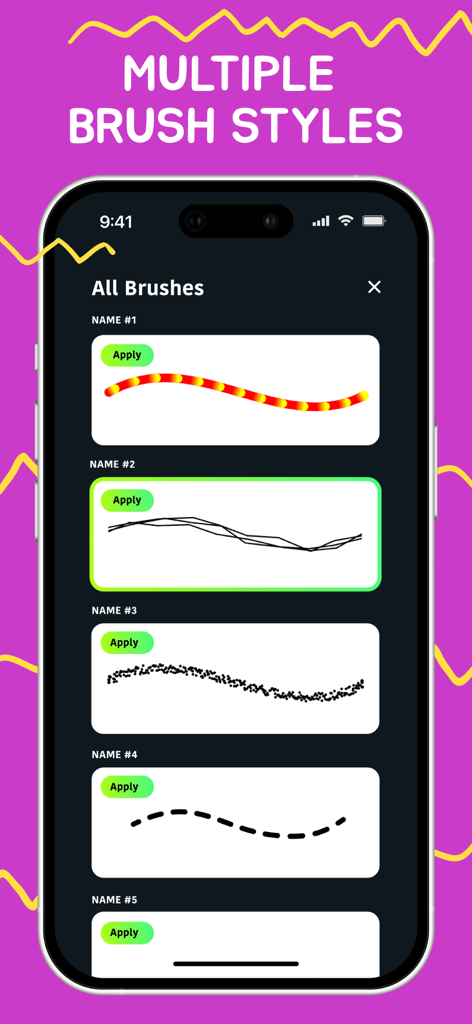 AmberPaint - Motion Brush - AmberPaint app interface showing a list of different digital brush styles