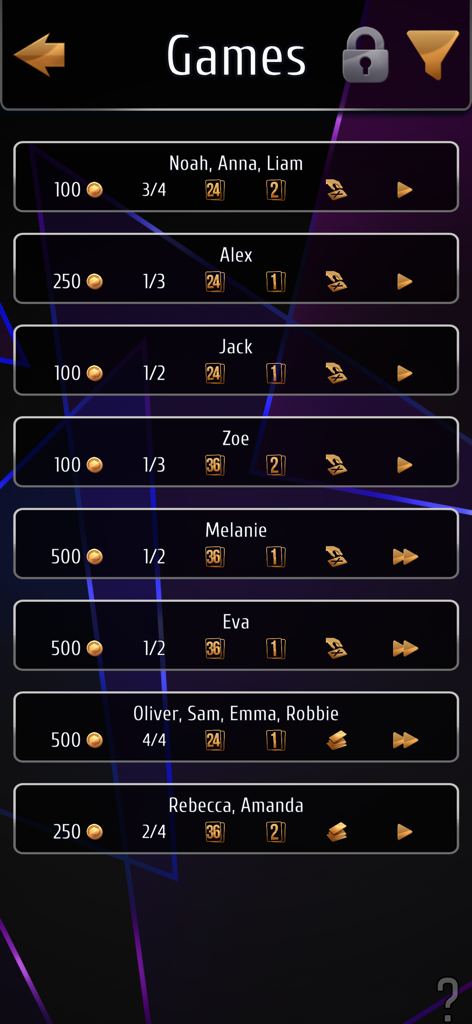 Lista de salas de jogos de cartas online disponíveis mostrando nomes de jogadores, apostas e tamanhos de baralho