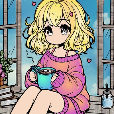 cute anime girl reading book and drinking hot chocolate from mug with loose wavy hair wearing a baggy sweatshirt and shorts sitting by windowsill looking out