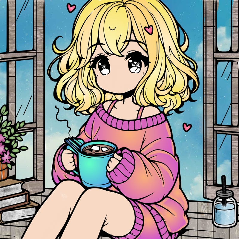 cute anime girl reading book and drinking hot chocolate from mug with loose wavy hair wearing a baggy sweatshirt and shorts sitting by windowsill looking out