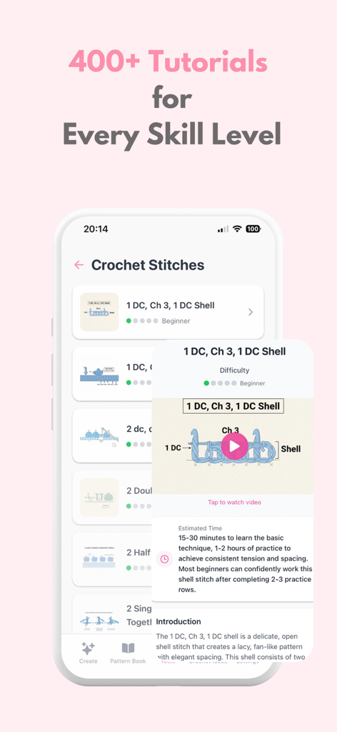 Crochet AI: Crochet Patterns - Mobile app interface showing a library of crochet stitch tutorials with video guides and difficulty levels