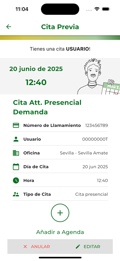 Interfaz de la aplicación del Servicio Andaluz de Empleo mostrando los detalles de una cita presencial en la oficina de empleo