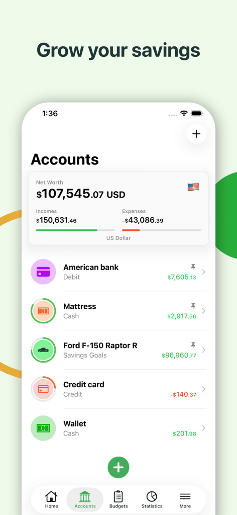 Budget App | Expense Tracker - Uma interface limpa do iOS do aplicativo de orçamento mostrando uma visão geral das contas, incluindo patrimônio líquido, renda e despesas