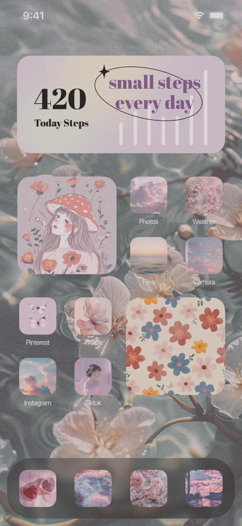 Aesthetic: App icons & Widgets - カスタムされたiPhoneホーム画面、ソフトな花柄のアイコンと毎日の歩数トラッカーウィジェットを備えています