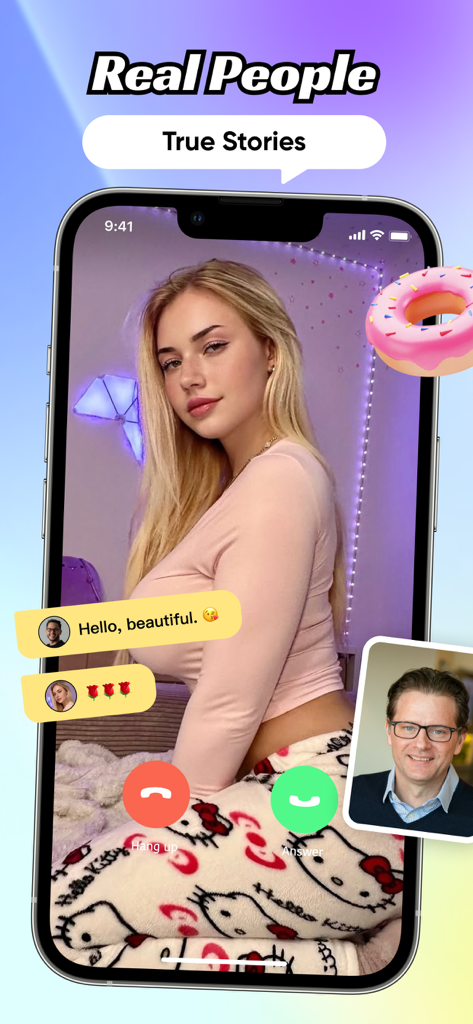 Kula - Video Chat, Meet, Call - A mobile phone showing the Kula app video chat interface with a live call and chat bubbles.