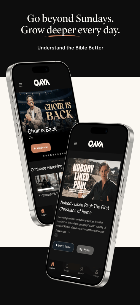 QAVA - Zwei Smartphones, die die QAVA App-Oberfläche mit christlichen Dokumentationen und Bibelstudien-Serien anzeigen